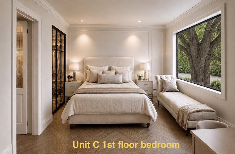 Unit C first-floor bedroom with tree view window
