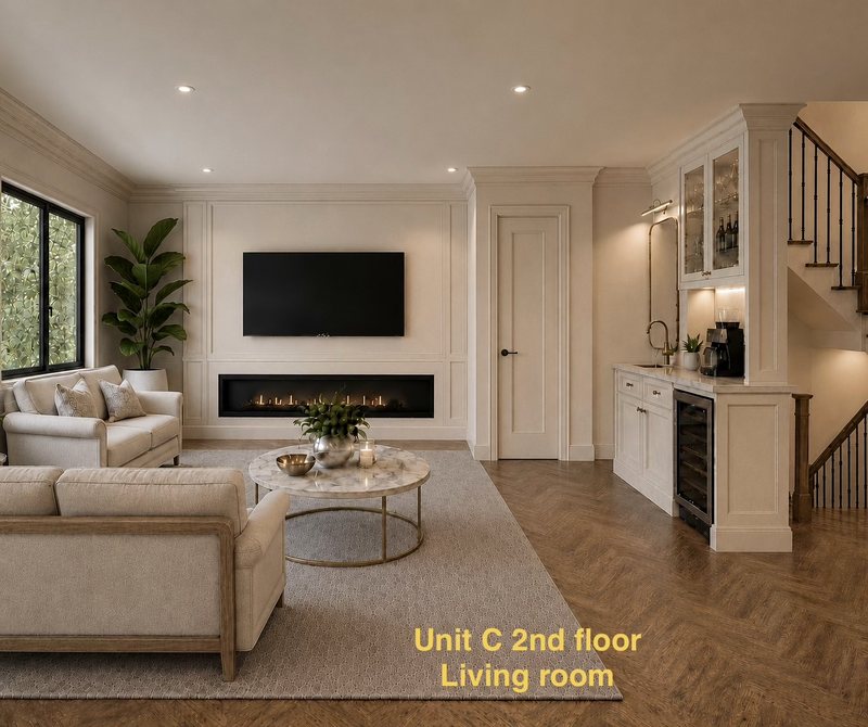 Unit C second-floor living room with fireplace and coffee wine bar