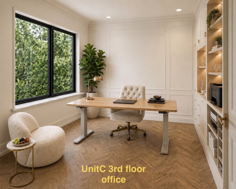 Unit C third-floor office with standing desk and built-ins