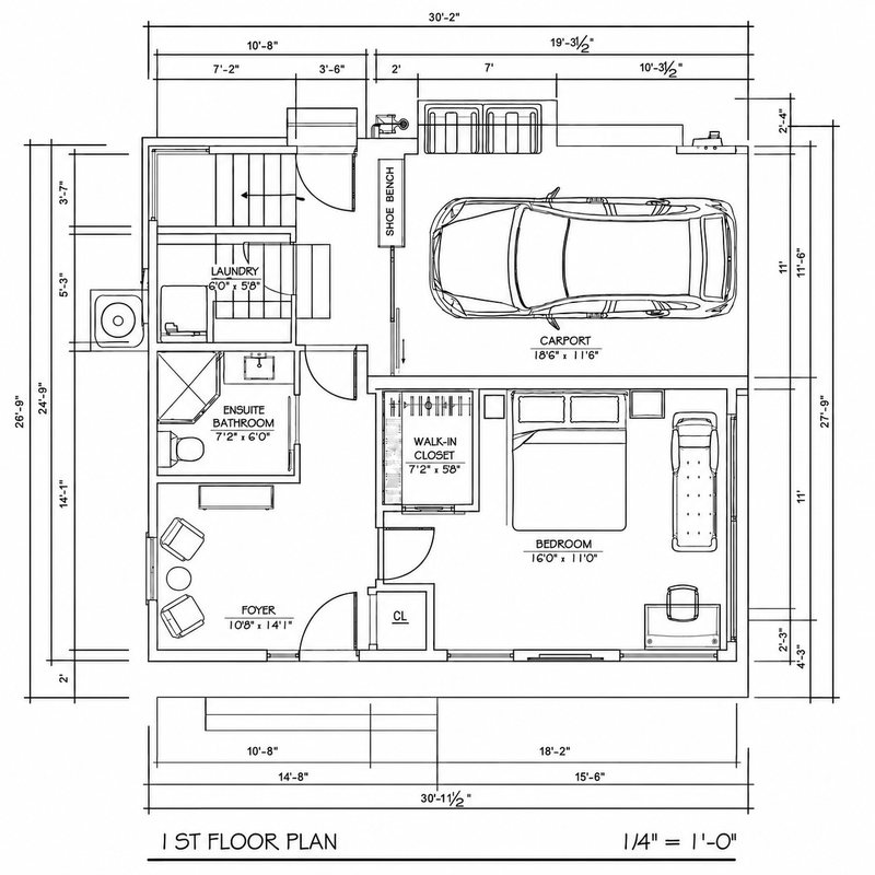 Unit C first floor plan — foyer, bedroom, ensuite, laundry, carport