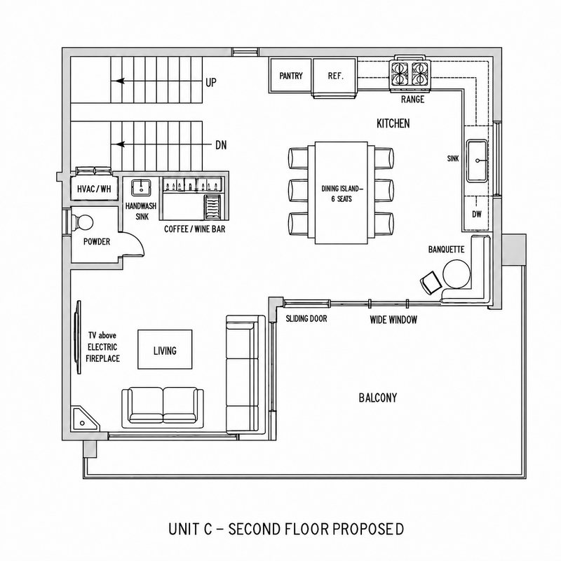 Unit C proposed second floor plan — kitchen, dining island, living, balcony