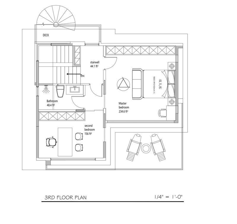 Unit C third floor plan — master bedroom, second bedroom, bath, deck