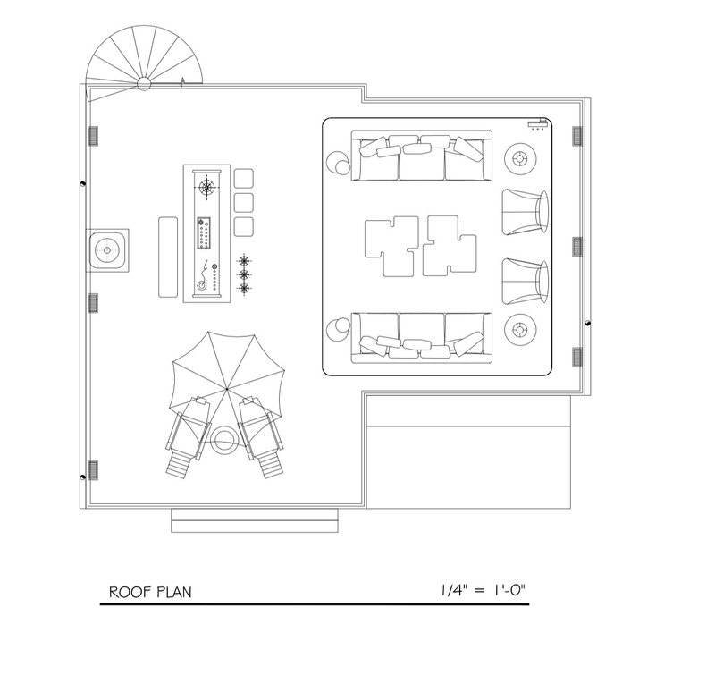 Unit C roof plan — lounge, outdoor kitchen, umbrella deck and spiral stair