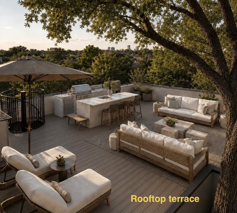 Unit C rooftop terrace with outdoor kitchen, umbrella loungers and skyline
