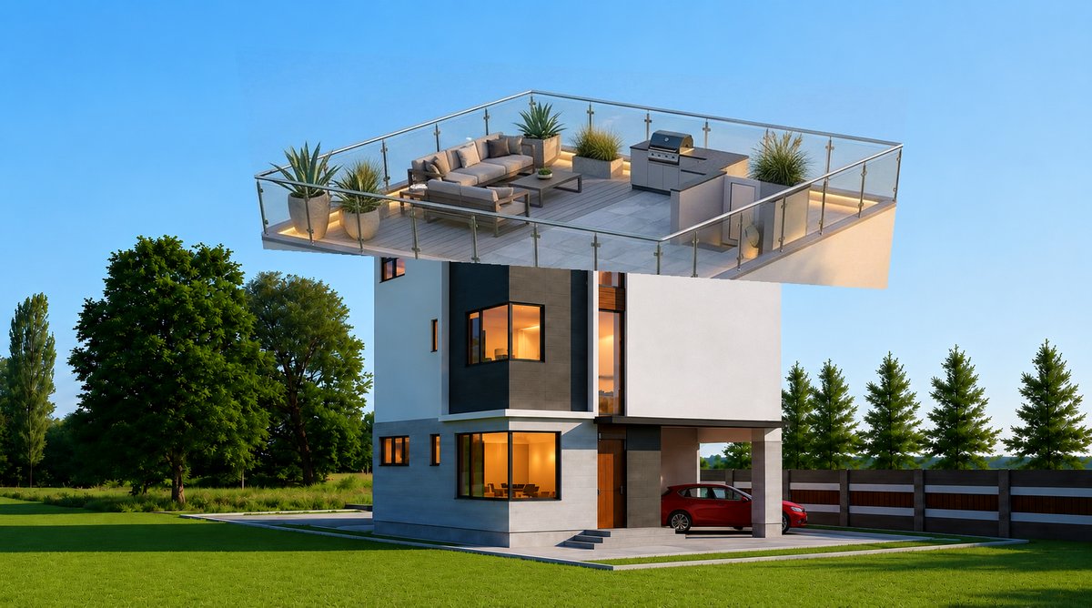 Rooftop terrace concept study — outdoor kitchen, lounge seating and glass rail above the home