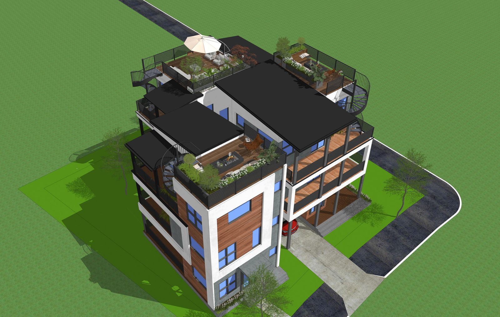 Composite aerial view of all three homes on the corner lot — design rendering