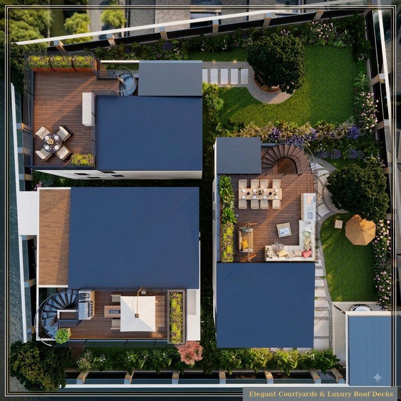 Aerial view — three detached homes with private gardens and roof decks