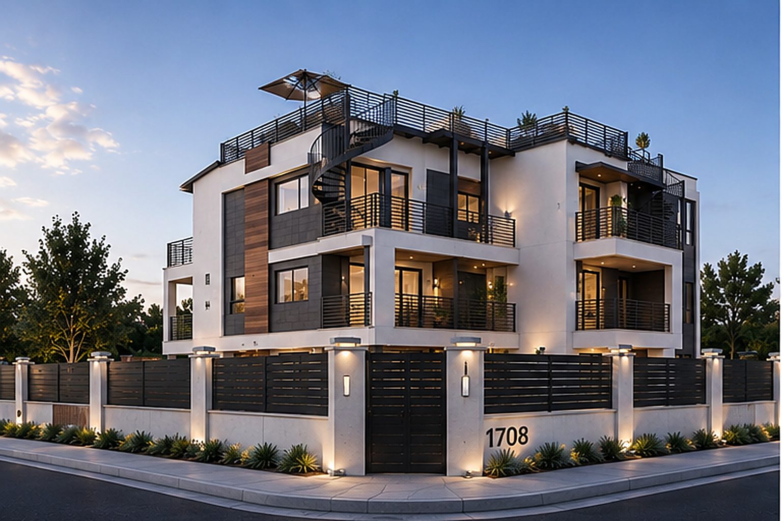 1708 Collier — the three modern homes at dusk, a design rendering of the finished project