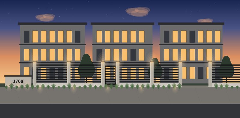 Collier Street frontage at dusk — slat fence, lit piers and the 1708 address wall, design illustration