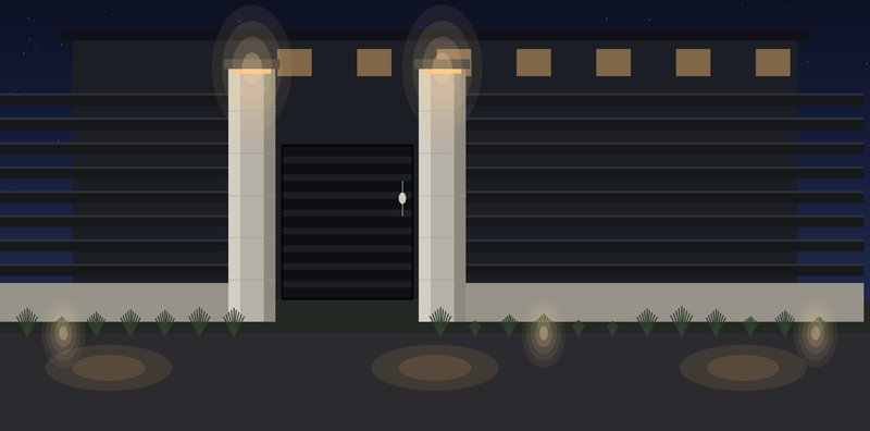 Walk gate between limestone piers at night with LED cap lighting, design illustration