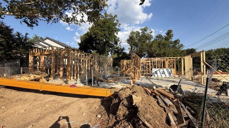 LVL beams and sheathing staged at golden hour