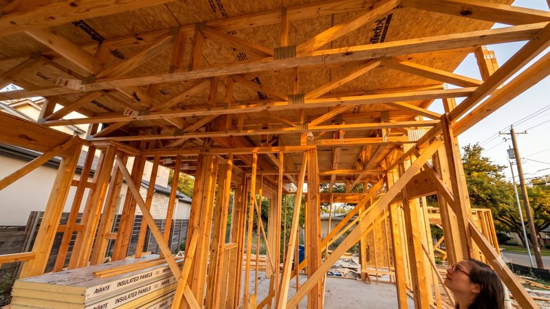 Second-floor trusses and decking overhead