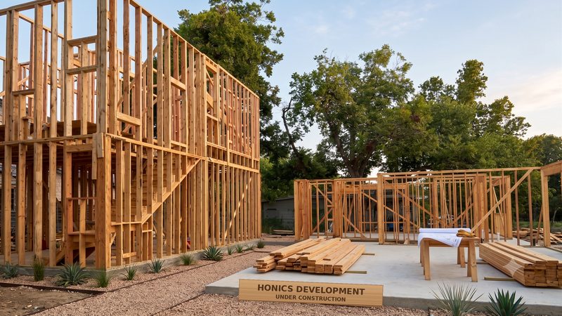 Two-story framing with the Honics Development site sign, August 7