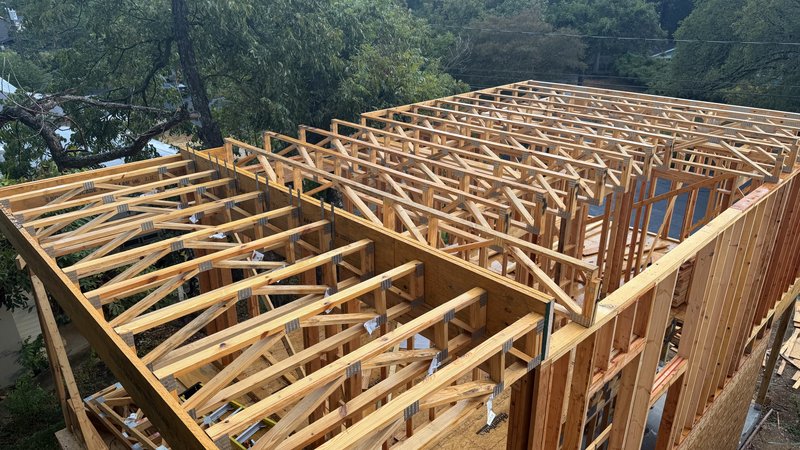 Roof truss structure spanning the framed volumes