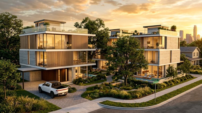 Direction A concept — four warm modern villas with wood screens, roof gardens and native landscaping