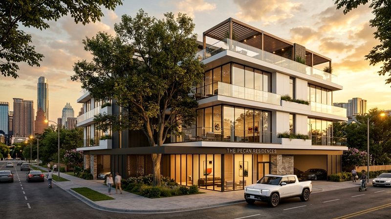Direction B concept — one refined building of full-floor residences with rooftop pergola, The Pecan Residences