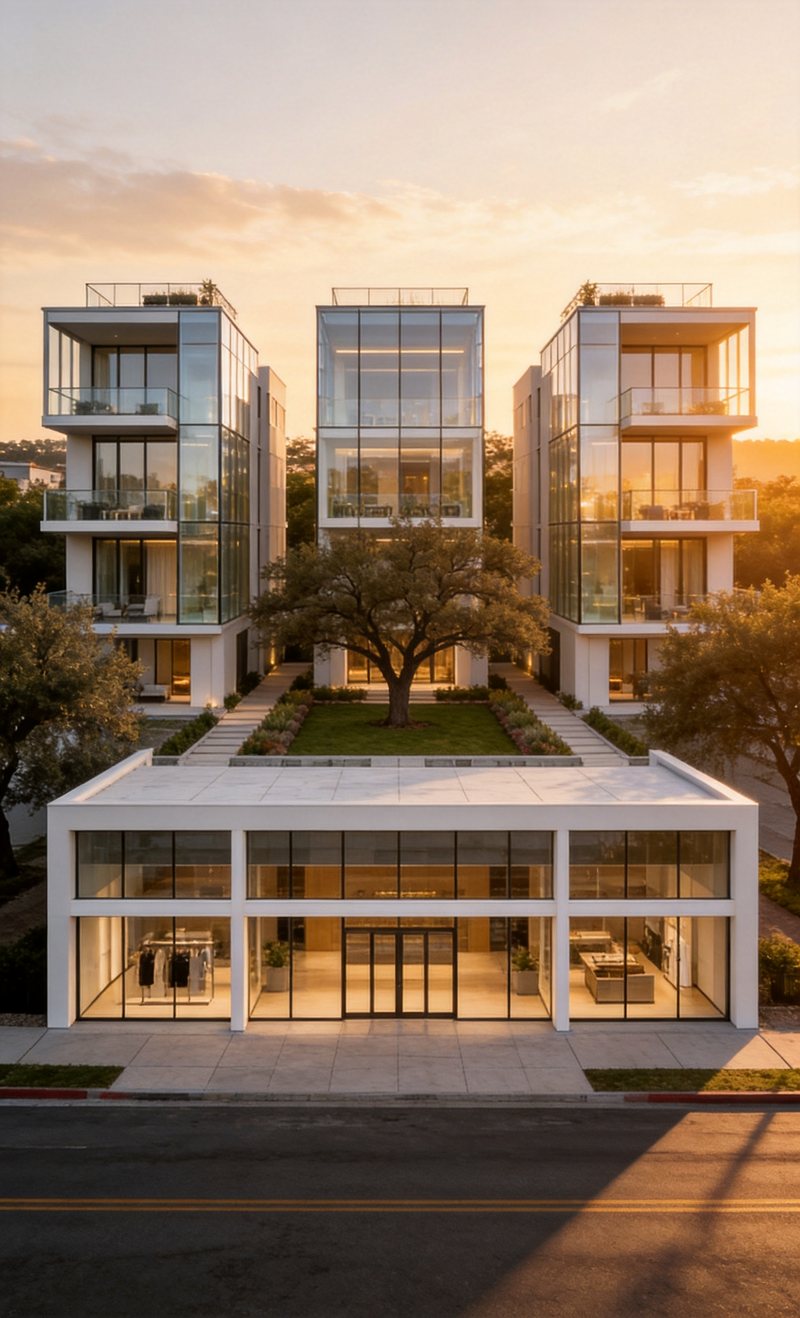 Direction C concept — three glass residences around the heritage oak with a corner pavilion
