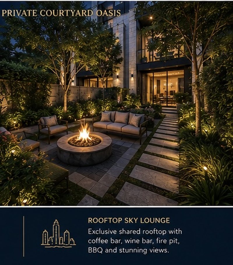 Concept: private courtyard oasis with fire pit under the heritage oak
