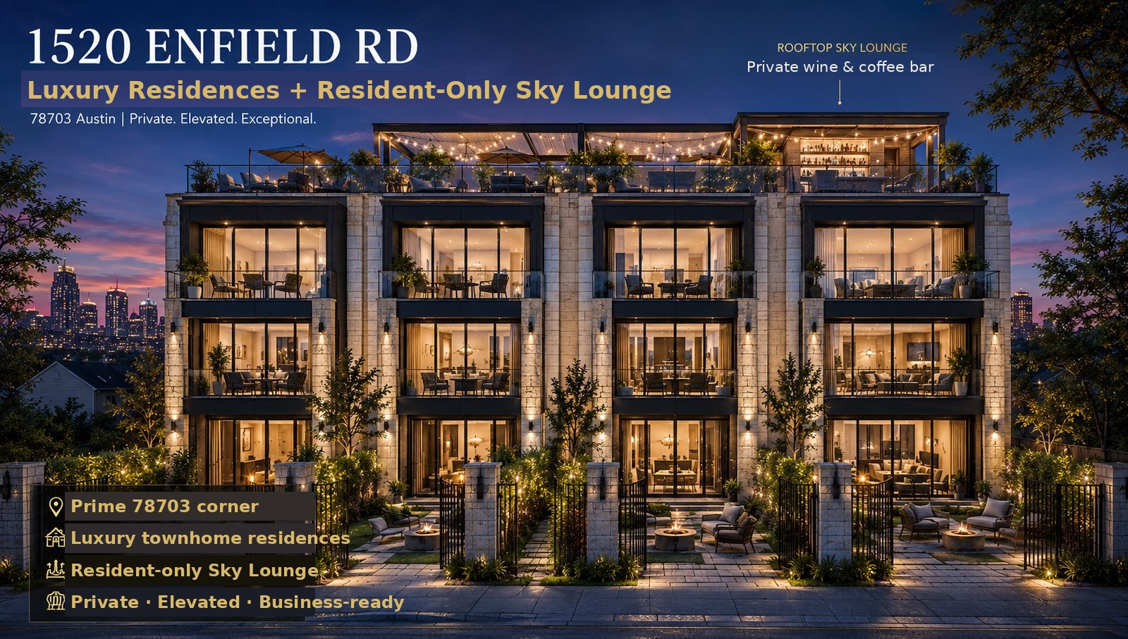 1520 Enfield Rd concept board — luxury residences with resident-only sky lounge, dusk rendering