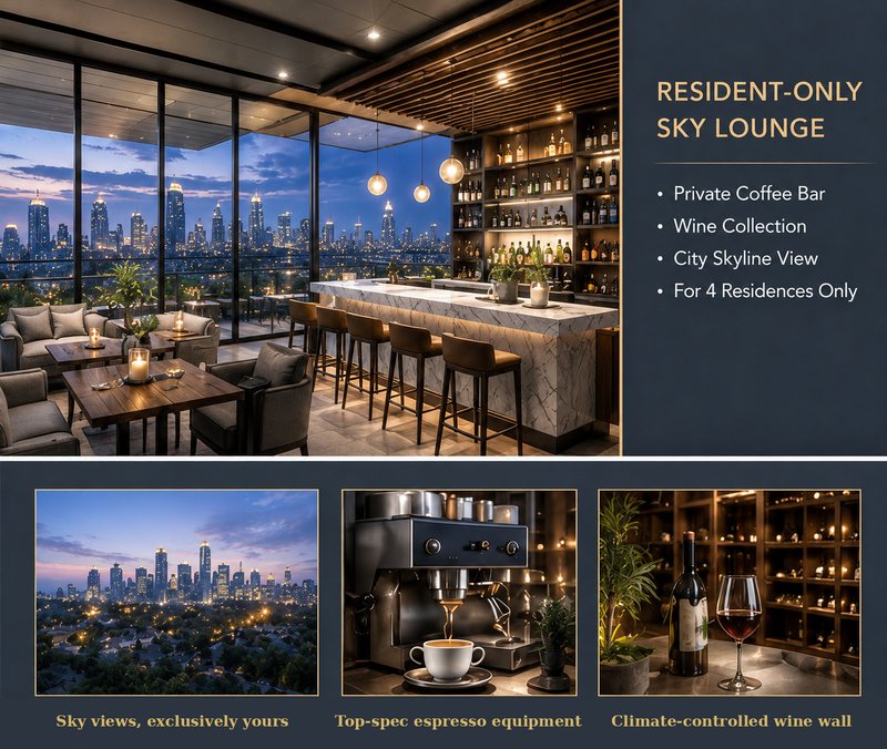 Concept: resident-only sky lounge interior with coffee bar, wine collection and skyline view