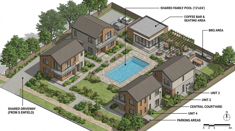 Annotated reference site study — four homes around a central courtyard with shared family pool, coffee bar pavilion and BBQ pergola