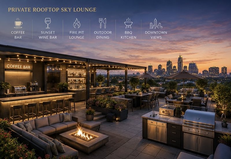 Concept: private rooftop sky lounge with coffee bar, wine bar, fire pit, BBQ kitchen and downtown views