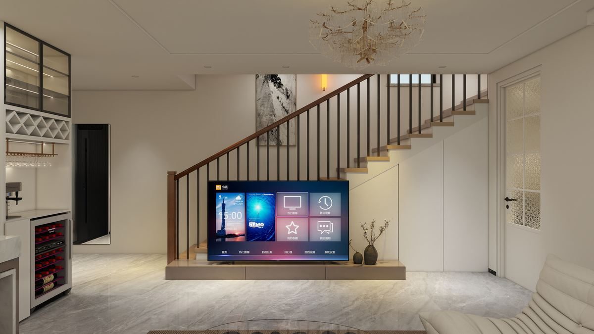 Living and media wall under the stair