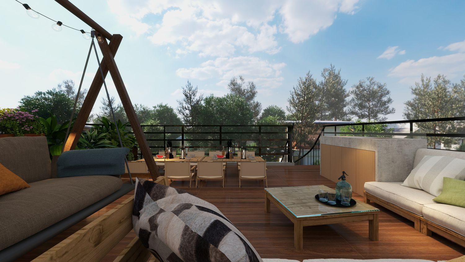 Rooftop terrace lounge with porch swing and string lights