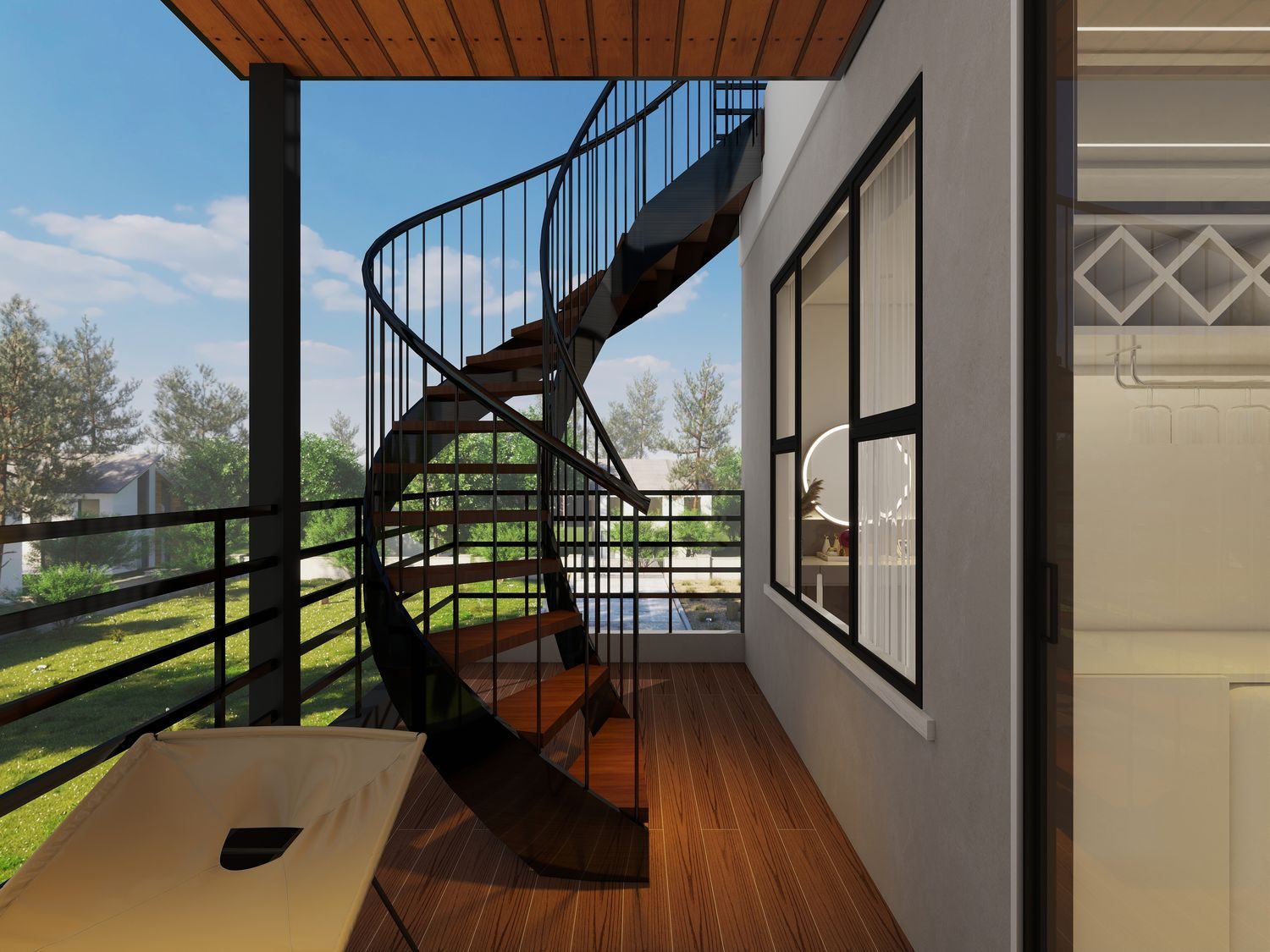 Third-floor balcony with spiral stair to the rooftop terrace