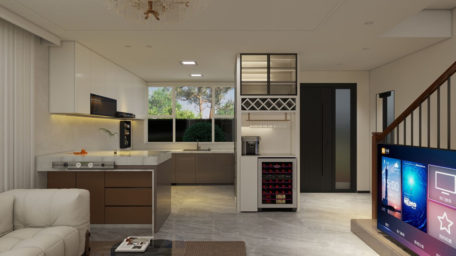 Open kitchen with marble island and bar