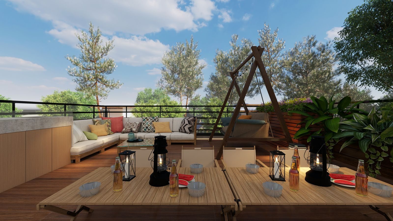 Rooftop terrace set for dining at dusk